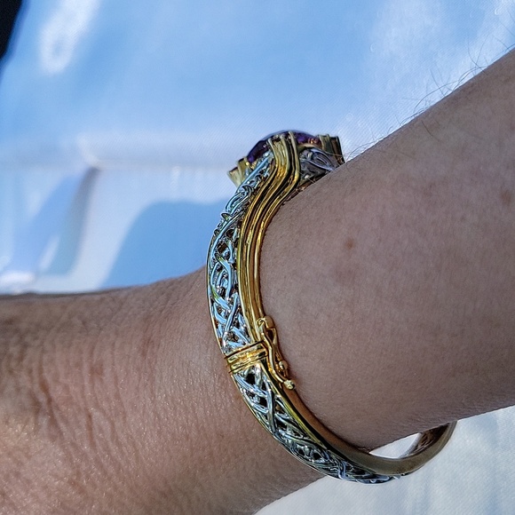 Bangle bracelet with security clasp 925 mark with goldtone. Multi-gemsto…